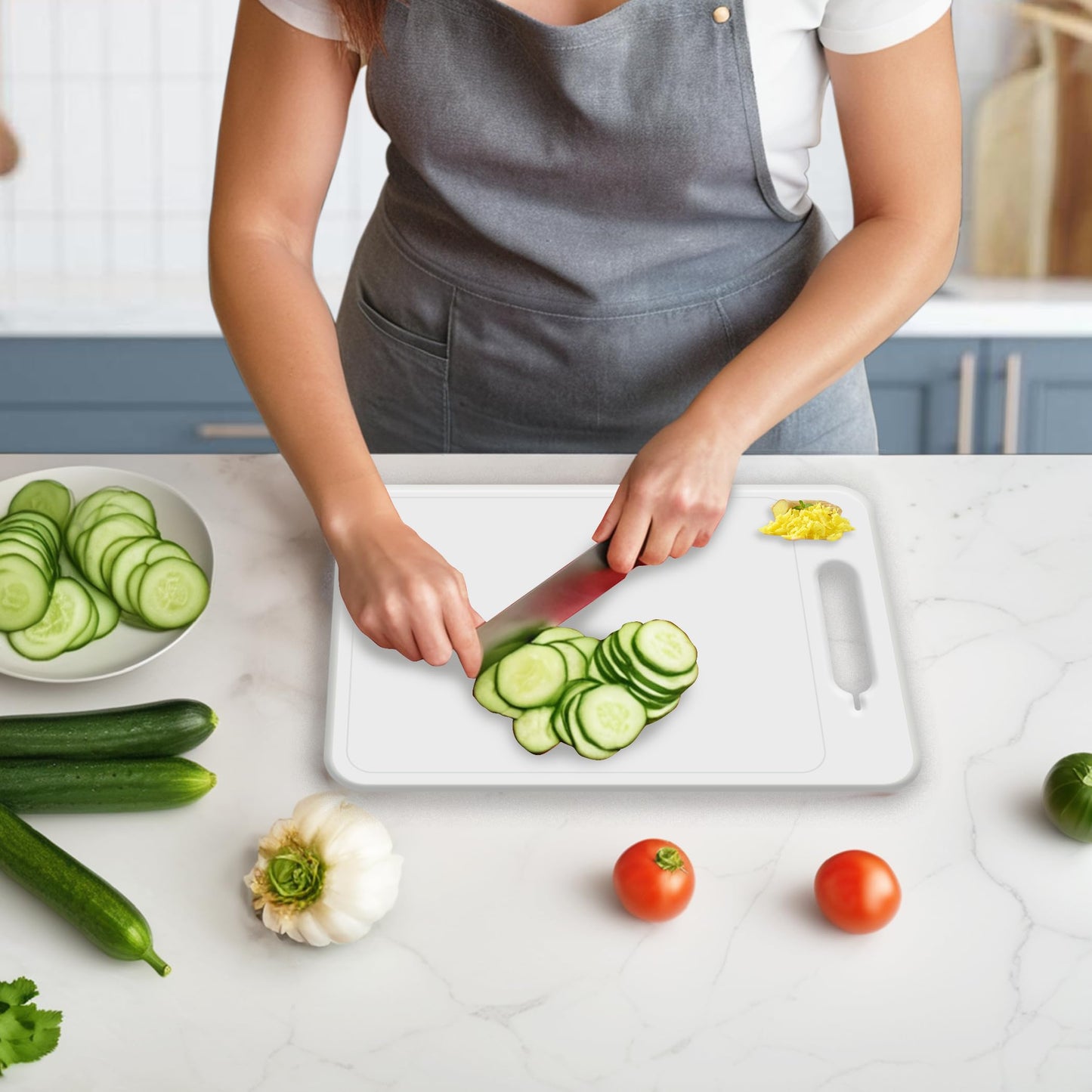 4-in-1 Defrosting Tray for Frozen Meat with Cutting Board, Knife Sharpener & Garlic Grater - Self Thawing Tray & Non-Slip White Chopping Boards by EliKai