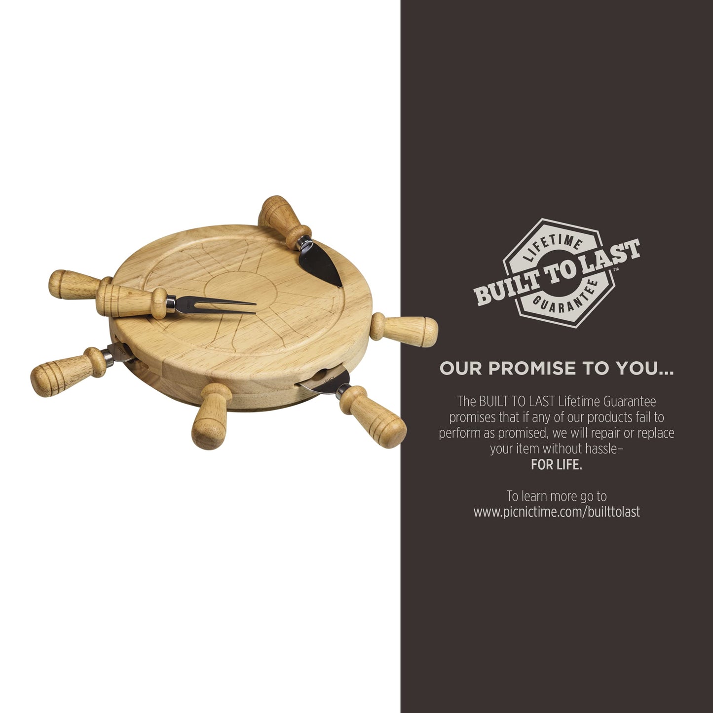 PICNIC TIME Mariner Cheese Board and Tool Set, Charcuterie Board Set, Wood Cutting Board with Cheese Knives, (Parawood)