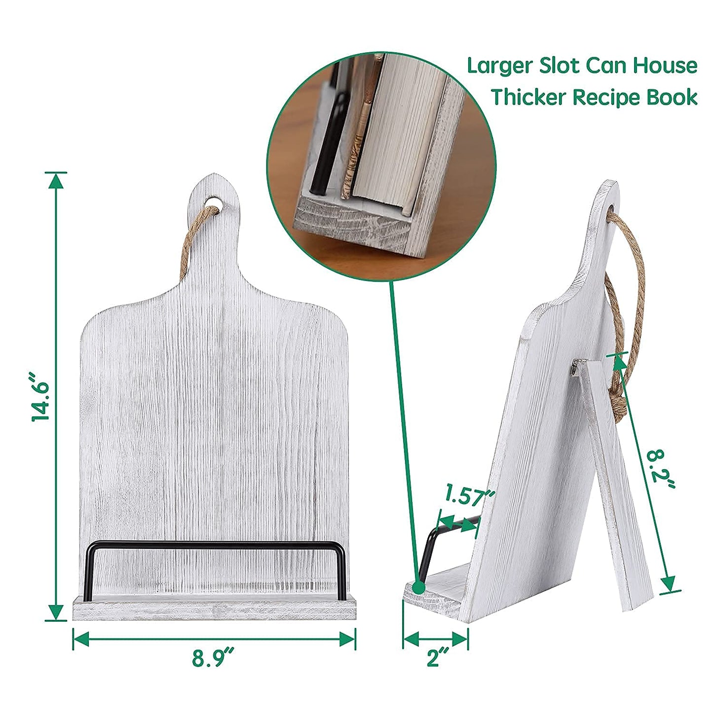 Soligt Cookbook Stand for Kitchen Counter Adjustable Recipe Book Holder Rustic Wood Cutting Board Style - White