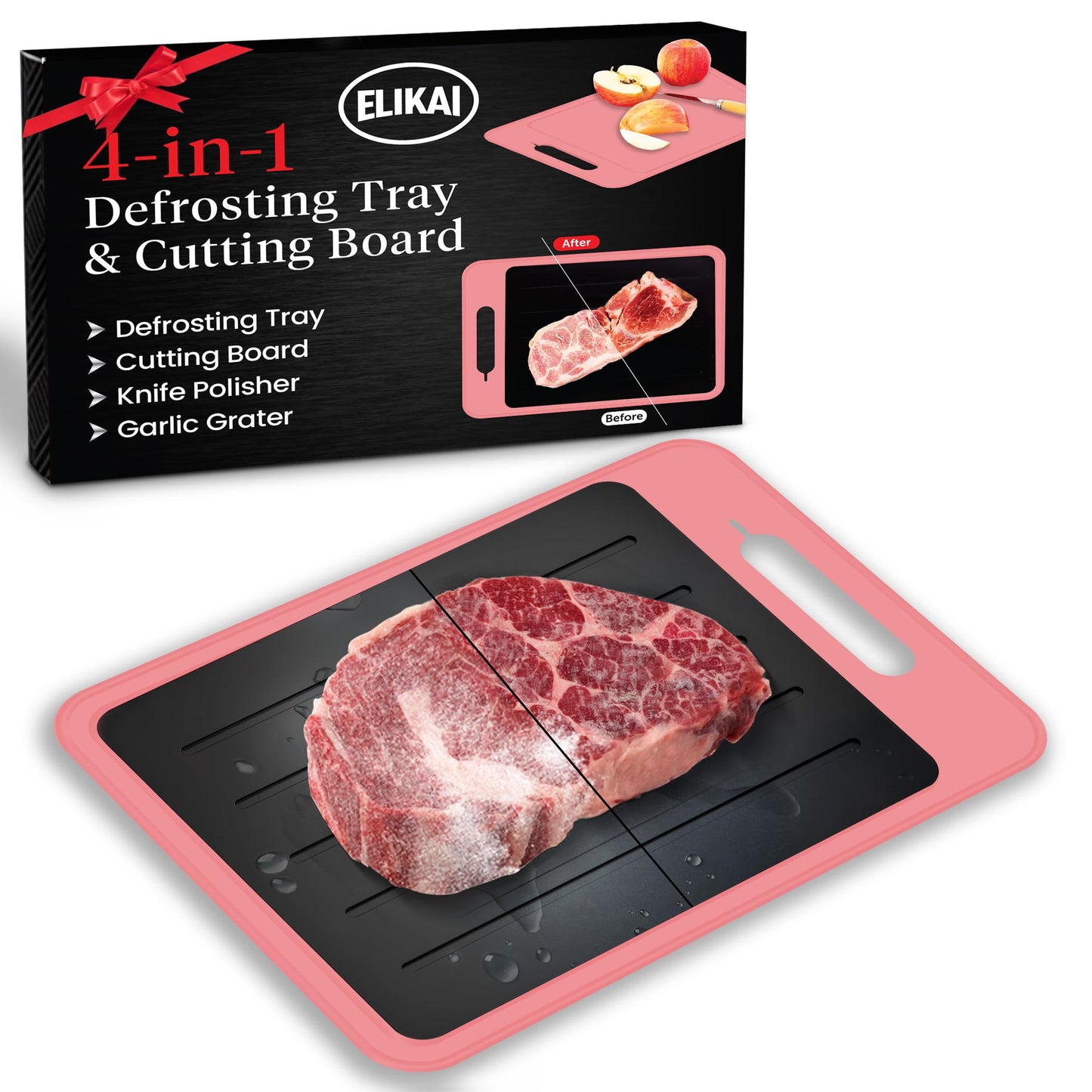 4-in-1 Defrosting Tray for Frozen Meat with Cutting Board, Knife Sharpener & Garlic Grater - Self Thawing Tray & Non-Slip Pink Chopping Boards by EliKai