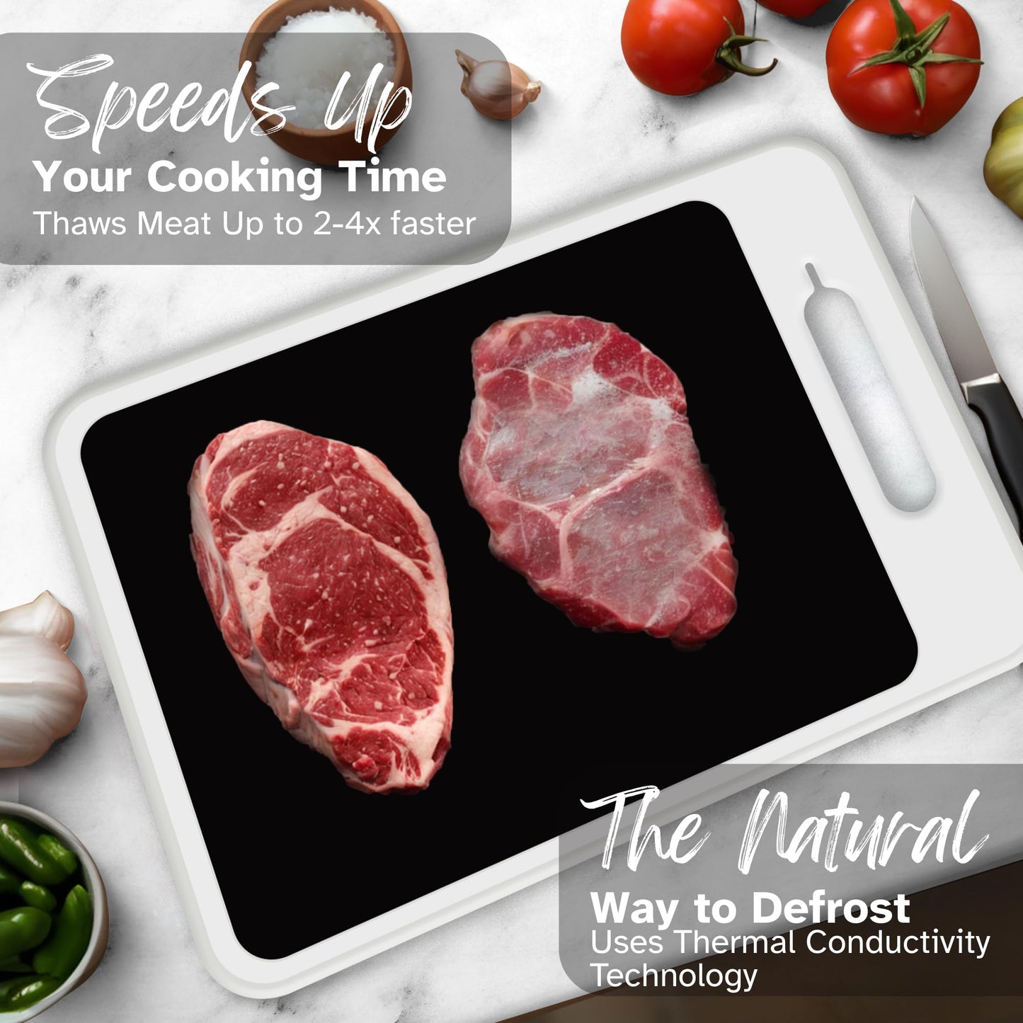 4-in-1 Defrosting Tray for Frozen Meat with Cutting Board, Knife Sharpener & Garlic Grater - Self Thawing Tray & Non-Slip White Chopping Boards by EliKai