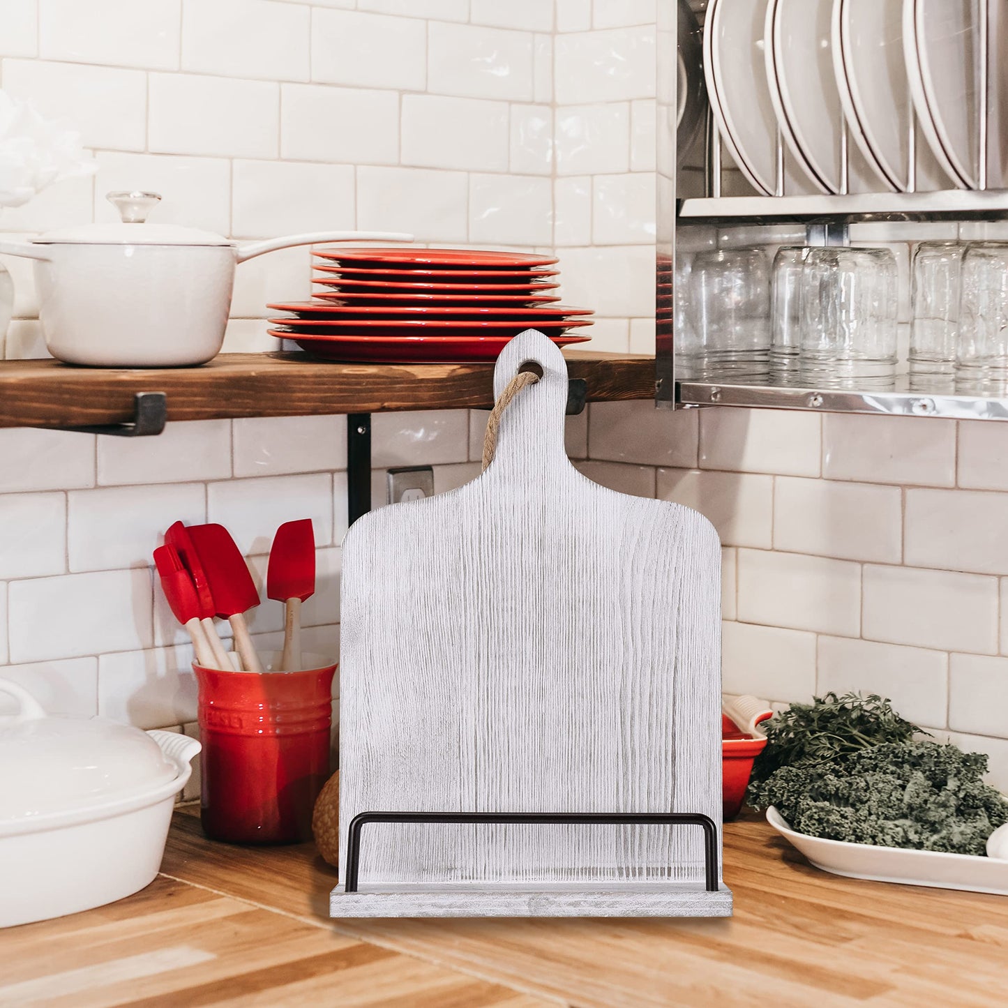 Soligt Cookbook Stand for Kitchen Counter Adjustable Recipe Book Holder Rustic Wood Cutting Board Style - White