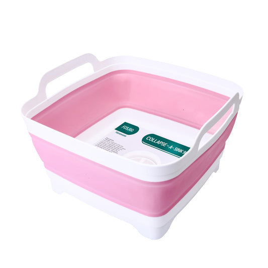 (Pink) - Flow.month Dish Basin Collapsible with Drain Plug Carry Handles for 9 L Capacity, Collapsible Sink Tub, Dish Wash Basin, Portable Dish Tub, Foldable Dishpan for Camping Dish Washing Tub and RV