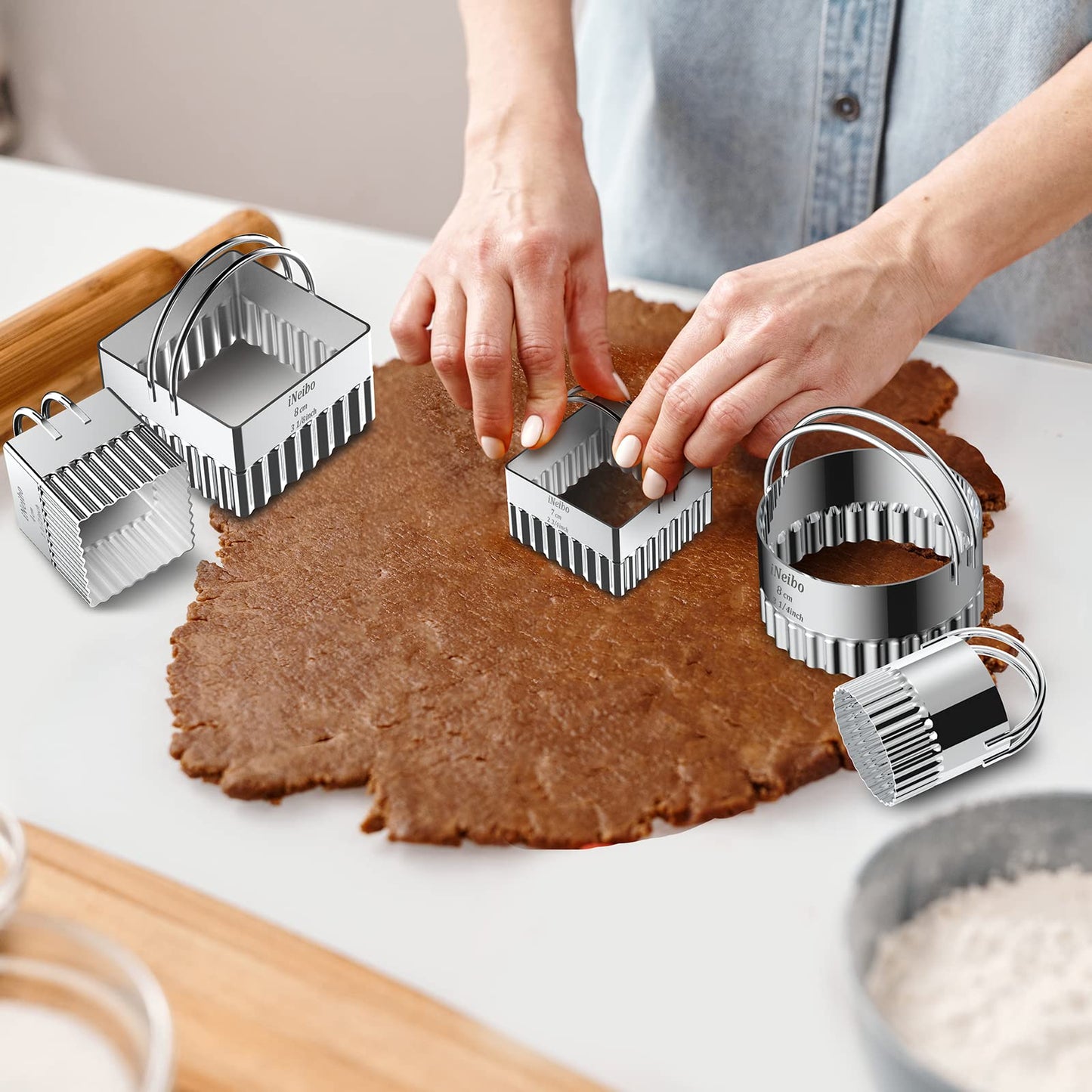 iNeibo Cookie Cutter Set, Square Cookie Cutters with Scalloped Edges, Cookies Cutter with Handle, Professional Pastry Dough Baking Cutter, Shapes Pastry Cutter