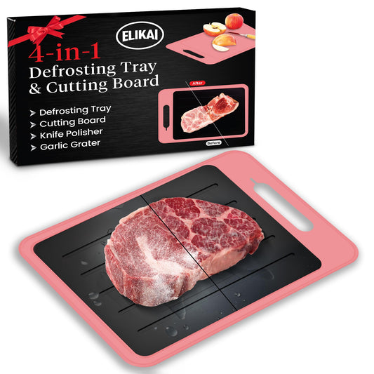 4-in-1 Defrosting Tray for Frozen Meat with Cutting Board, Knife Sharpener & Garlic Grater - Self Thawing Tray & Non-Slip Pink Chopping Boards by EliKai