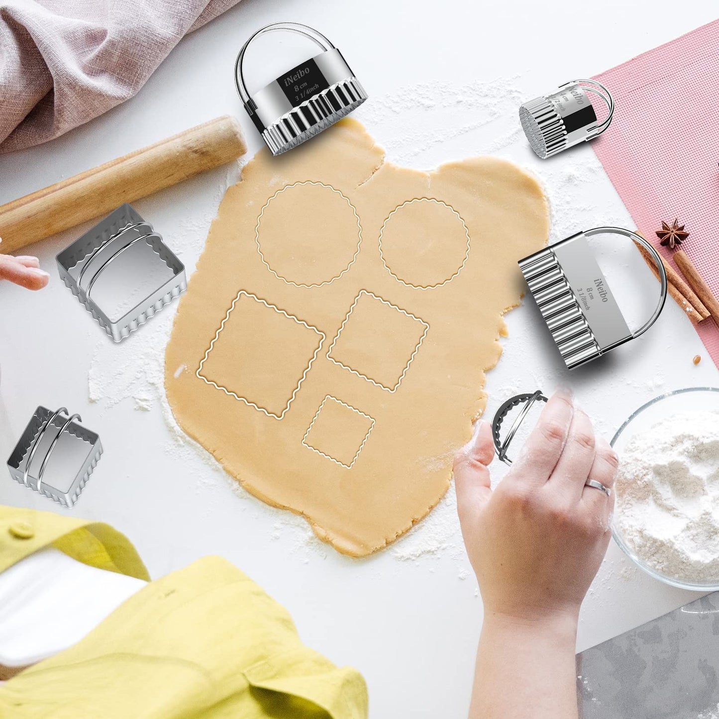 iNeibo Cookie Cutter Set, Square Cookie Cutters with Scalloped Edges, Cookies Cutter with Handle, Professional Pastry Dough Baking Cutter, Shapes Pastry Cutter