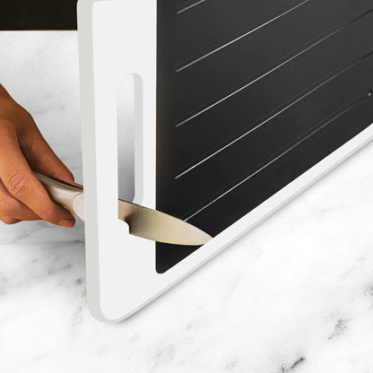 4-in-1 Defrosting Tray for Frozen Meat with Cutting Board, Knife Sharpener & Garlic Grater - Self Thawing Tray & Non-Slip White Chopping Boards by EliKai