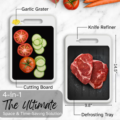 4-in-1 Defrosting Tray for Frozen Meat with Cutting Board, Knife Sharpener & Garlic Grater - Self Thawing Tray & Non-Slip White Chopping Boards by EliKai