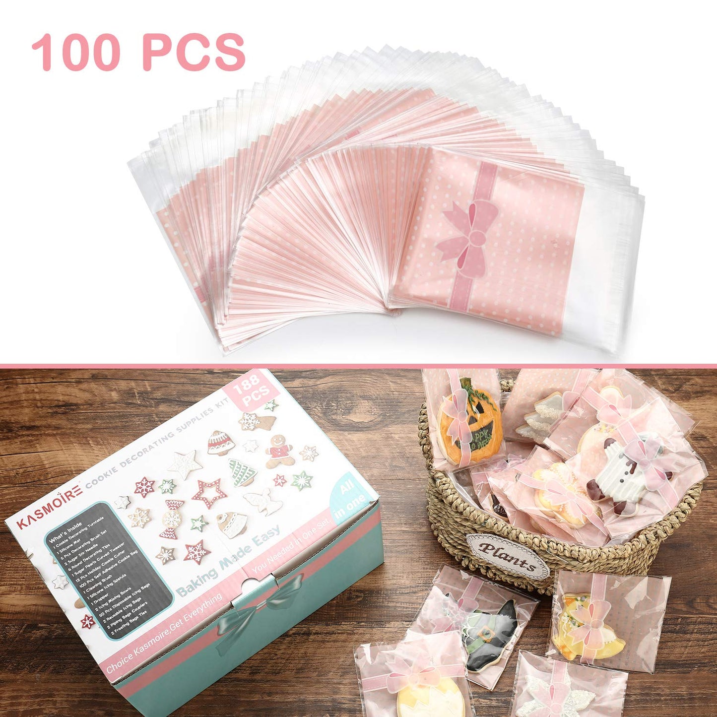 Kasmoire 188pcs Cookie Decorating Supplies Kit(ALL-IN-ONE),with 12pcs holiday cookie cutter,Mixing Tools,Piping Tools,Decorating Tools and 100pcs Cookies Bags for Beginners and Decorator