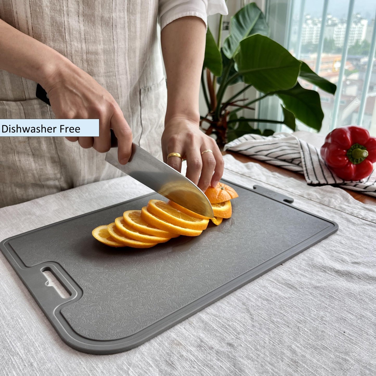 cozymomdeco Korean Made Thick Silicone Double-Sided Usable Cutting Board 14.3" x 9.7" Foldable Design Drip Groove Grip Handle Dishwasher Safe Mint Color 1PCS Gift for Mom (Gray)