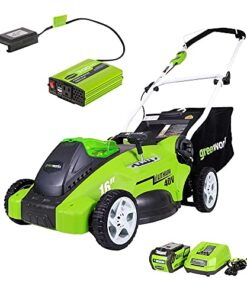 Greenworks 40V 16" Cordless Electric Lawn Mower + 40V (300W) Power Inverter, 4.0Ah Battery and Charger Included