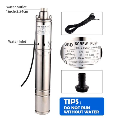 ZYIY 3.5 Inch Tube Stainless Steel Deep Well Pump 1HP Submersible Screw Well Pump 220-240V/60Hz Well Water Pump Max.Head 100m/328ft Flow 8GPM 90mm Well Pump for Home and Industrial Garden Agricultural - Image 8