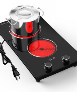 110v Electric Cooktop 2 Burners, 12'' Electric Stove Top with Plug in, GTKZW Knob Control Countertop & Built-in Ceramic Cooktop, 9 Power Levels, Child Lock, Timer, Over-Heat Protection