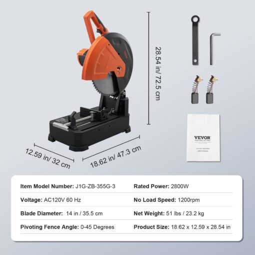 VEVOR Chop Saw, 14"/355mm Blade Diameter Cut Off Saw, 2800W 1200RPM Steel Cutting Machine, 0-45° Adjustable Dry Cut Chop Saw, Miter Saw for Cutting Metal Cold Cut Saw for Steel/Rebar/Iron/Aluminum - Image 4