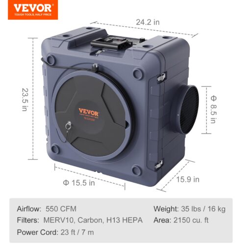 VEVOR Air Scrubber with 3-Stage Filtration, Stackable Negative Air Machine 550 CFM, Air Cleaner with MERV10, Carbon, H13 HEPA, for Home, Industrial and Commercial Use - Image 4