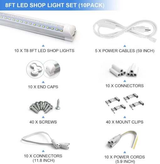 10-Pack 8ft LED Shop Light Fixture - 90W T8 Integrated LED Tube Light - 6500K 12000LM V-Shape Linkable - High Output - Clear Cover - Plug and Play - 270 Degree Lighting for Garage, Shop, Barn - Image 7