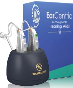 [Silver] EarCentric EasyCharge Rechargeable Hearing Aids (Pair) for Seniors, Behind-The-Ear BTE Ear Aid PSAP digital Personal sound amplification products devices with Noise Cancellation