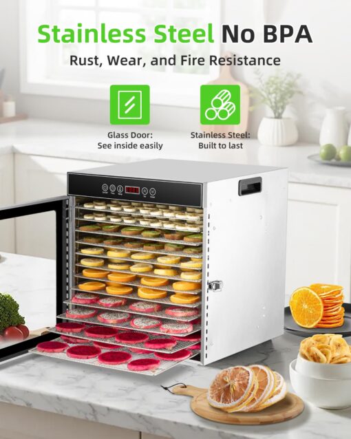 1000W 12-Tray Stainless Steel Food Dehydrator with Extra-Large Trays (14.07ft²) | 194°F Temp Control, 24-Hour Timer, Overheat Protection | Efficient for Drying Jerky, Fruits, and Vegetables - Image 5