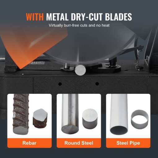 VEVOR Chop Saw, 14"/355mm Blade Diameter Cut Off Saw, 2800W 1200RPM Steel Cutting Machine, 0-45° Adjustable Dry Cut Chop Saw, Miter Saw for Cutting Metal Cold Cut Saw for Steel/Rebar/Iron/Aluminum - Image 8