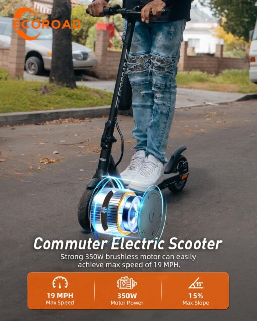 ECOROAD Electric Scooter EC6, 400W Peak Motor & 19 MPH Adults Commuting Scooters, 15 Miles Long Range Electric Kick Scooters, 8.5" Pneumatic Tires Lightweight Foldable E-Scooter with Turn Signals - Image 8