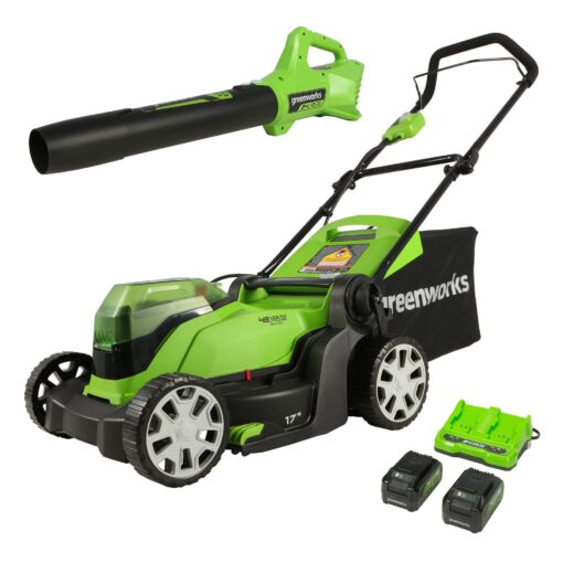 Greenworks 48V 17" Cordless Electric Lawn Mower, Leaf Blower, (2) 4.0Ah Batteries and Rapid Charger