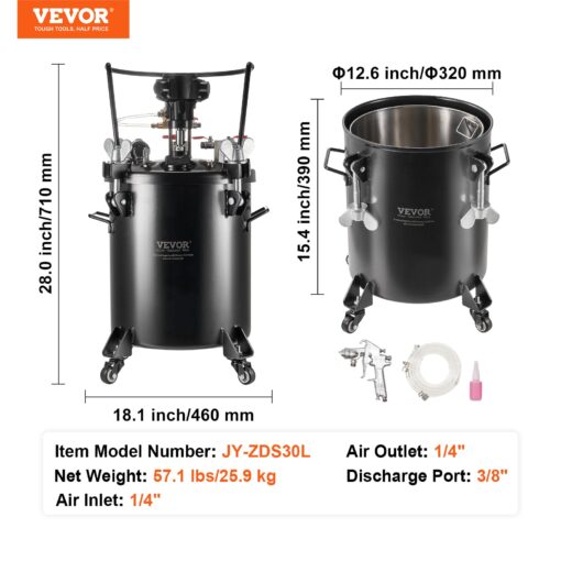 VEVOR Spray Paint Pressure Pot, 30 L/7.5 gal Fully Automatic Stirring Pressure Pot Tank, 70 psi Adjustale Pressure, Pressure Pot Paint Tank with Spray Gun and Hoses, for Home Decor Industry Painting - Image 4