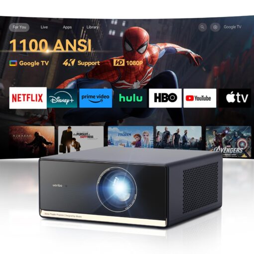 [1100 ANSI & Google TV] Wanbo X5 Pro 4K Projector with WiFi and Bluetooth, Home Outdoor Movie Proyector, Auto Focus & Keystone, 26dB Low Noise, Native 1080P, Smart Projector with Netflix & Google Play