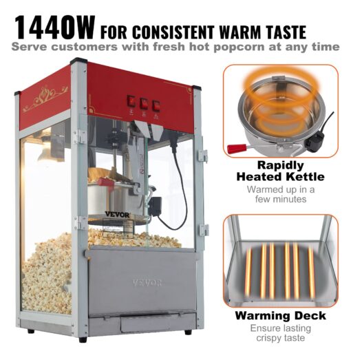 VEVOR Commercial Popcorn Machine, 12 Oz Kettle, 1440 W Countertop Popcorn Maker for 80 Cups per Batch, Theater Style Popper with 3-Switch Control Steel Frame Tempered Glass Doors 1 Scoop 2 Spoons, Red - Image 7