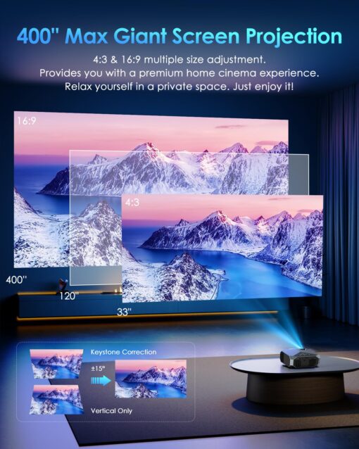 YOWHICK 4K Projector with WiFi and Bluetooth, 20000L Native 1080P Outdoor Portable Movie Projector, Smart Video Projector, 50% Zoom/400" Display, Compatible with HDMI/USB/PC/TV/PS5/DVD/Android/iOS - Image 3