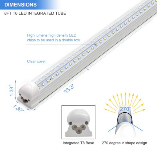 10-Pack 8ft LED Shop Light Fixture - 90W T8 Integrated LED Tube Light - 6500K 12000LM V-Shape Linkable - High Output - Clear Cover - Plug and Play - 270 Degree Lighting for Garage, Shop, Barn - Image 6
