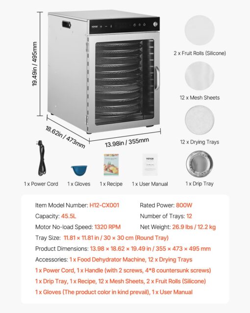VEVOR Rotary Food Dehydrator Machine, 12 Stainless Steel Trays, 800W Electric Food Dryer with Adjustable Temperature & 24-Hour Timer, Freeze Dryer for Jerky, Meat, Fruit, Vegetables, Herbs, Dog Treats - Image 4