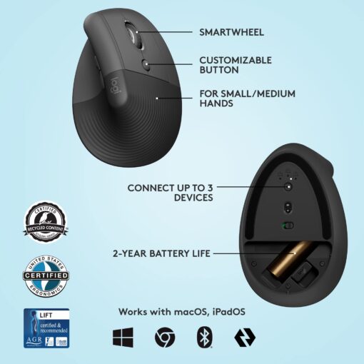 Logitech MX Keys Mini Keyboard and Lift Vertical Ergonomic Mouse Combo - Wireless, Backlit Keys, Bluetooth or Logi Bolt USB receiver, Quiet, Windows/macOS/iPadOS, Laptop, PC - Graphite - Image 2