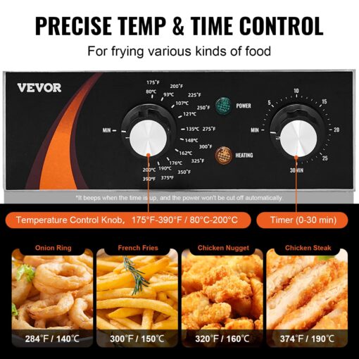 VEVOR Commercial Deep Fryer, 1750W Electric Countertop Fryer with Basket, 9Qt /8.5 L Single Oil Fryer, 1mm Thickened Stainless Steel, Time & Temp Control, for Kitchen Restaurant Use, Silver - Image 7
