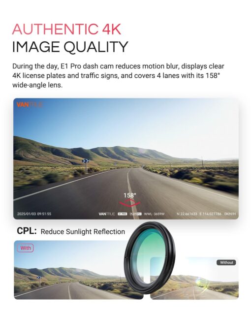 [Bundle-3 Items: Vantrue E1 Pro Dash Cam & Hardwire Kit & 256GB SD Card] 4K Mini Dashcam Front, STARVIS 2 IMX678 Night Vision HDR, - Image 6