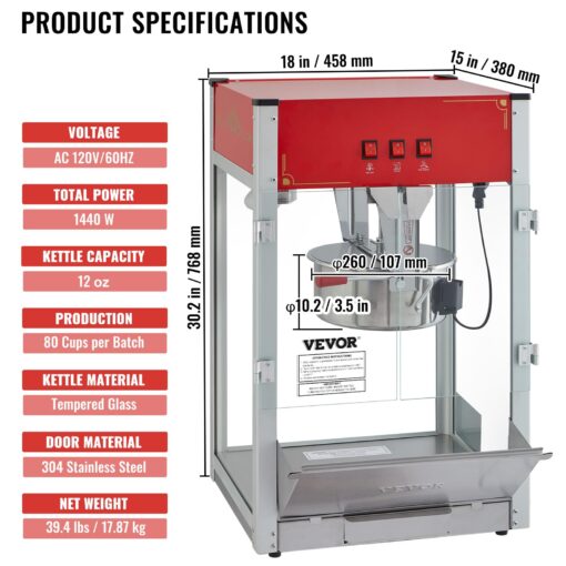 VEVOR Commercial Popcorn Machine, 12 Oz Kettle, 1440 W Countertop Popcorn Maker for 80 Cups per Batch, Theater Style Popper with 3-Switch Control Steel Frame Tempered Glass Doors 1 Scoop 2 Spoons, Red - Image 4