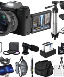 Acuvar 4K 56MP Digital Camera Kit for Photography, Vlogging for YouTube w/Flip Screen, WiFi, Wide Angle Lens, Filters, 2X 64GB Micro SD Cards, 50" Tripod, Case, Card Reader, Microphone, LED & More