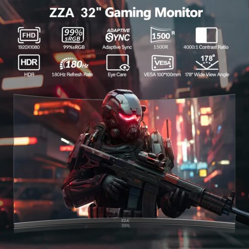 ZZA 32-Inch Curved Gaming Monitor 180hz,FHD 1080P Computer PC Monitor with 1500R |1ms (GTG) | HDR 600|Curved|122% sRGB|DP/HDMI|VESA|FreeSync & G-Syn,Mount Business, Office, Casual Gaming Monitors - Image 6