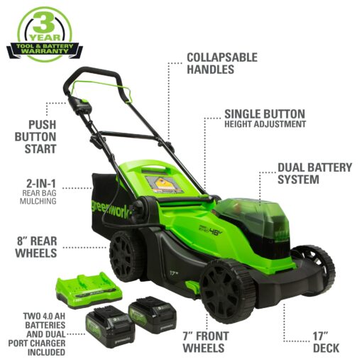 Greenworks 48V 17" Cordless Electric Lawn Mower, Leaf Blower, (2) 4.0Ah Batteries and Rapid Charger - Image 7