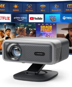[Netflix Officially&AI Auto Focus]AuKing Smart Projector with Wifi and Bluetooth,Auto Focus&Keystone Projector 4K, 3D DoIby Audio, 800ANSI Outdoor Projector with Omnidirectional Rotating Stand(Grey)