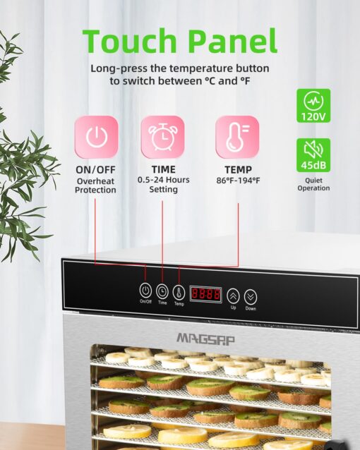 1000W 12-Tray Stainless Steel Food Dehydrator with Extra-Large Trays (14.07ft²) | 194°F Temp Control, 24-Hour Timer, Overheat Protection | Efficient for Drying Jerky, Fruits, and Vegetables - Image 4