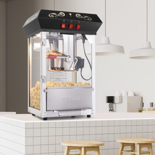 VEVOR Popcorn Maker, 850W Popcorn Popper Machine, 8 Oz Kettle Makes 48 Cups per Batch, Countertop Popcorn Maker with Tempered Glass, Includes 4 Scoops, Movie Theater Style, Black - Image 3