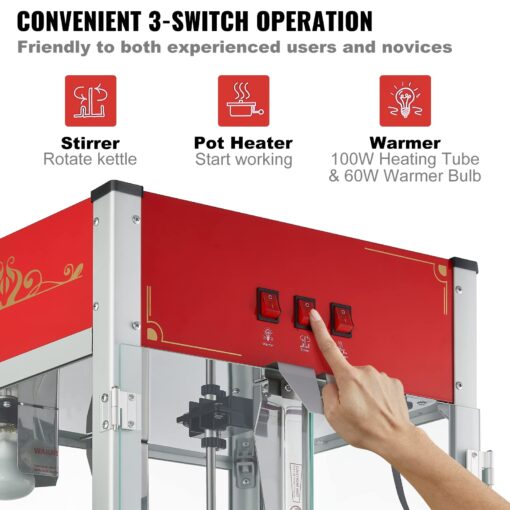 VEVOR Commercial Popcorn Machine, 12 Oz Kettle, 1440 W Countertop Popcorn Maker for 80 Cups per Batch, Theater Style Popper with 3-Switch Control Steel Frame Tempered Glass Doors 1 Scoop 2 Spoons, Red - Image 6