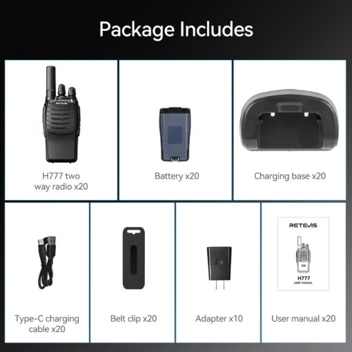 Retevis H-777 2 Way Radios Walkie Talkies Long Range, Rechargeable Two Way Radios, Hand Free Adults Walkie Talkies with Charging Base(Black, 20 Pack) - Image 4