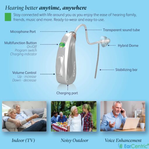 [Silver] EarCentric EasyCharge Rechargeable Hearing Aids (Pair) for Seniors, Behind-The-Ear BTE Ear Aid PSAP digital Personal sound amplification products devices with Noise Cancellation - Image 5