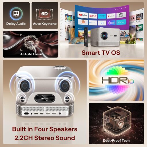 3-in-1 Outdoor Projector 4K Supported, AURZEN BOOM 3 Smart Projector with WiFi and Bluetooth, 3D DoIby Audio & 36W Speakers, Auto Focus & Keystone, Netflix Official 500 ANSI Home proyector, Gold - Image 2