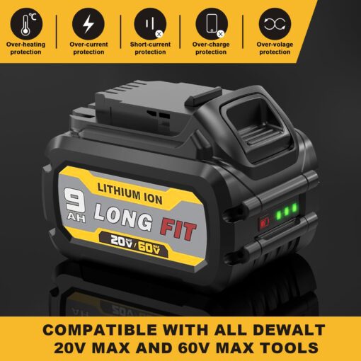 LONG FIT 4 Pack 9.0Ah Battery Replace for Dewalt 20V/60V 9.0AH Battery DCB606 DCB609 DCB612 Compatible with DeWalt 20V/60V Power Tools, Compatible with Dewalt Chargers - Image 6