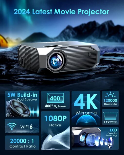 YOWHICK 4K Projector with WiFi and Bluetooth, 20000L Native 1080P Outdoor Portable Movie Projector, Smart Video Projector, 50% Zoom/400" Display, Compatible with HDMI/USB/PC/TV/PS5/DVD/Android/iOS - Image 8