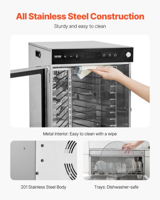 VEVOR Rotary Food Dehydrator Machine, 12 Stainless Steel Trays, 800W Electric Food Dryer with Adjustable Temperature & 24-Hour Timer, Freeze Dryer for Jerky, Meat, Fruit, Vegetables, Herbs, Dog Treats - Image 5