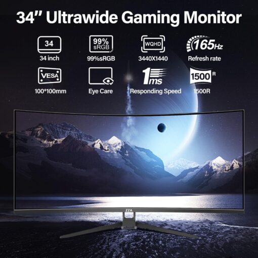 ZZA Curved Ultrawide Monitor 34 Inch,Gaming Monitor 3440 x 1440P R1500 up to165Hz(DP)/144HZ (HDMI),PC Monitors 1ms, FreeSync & G-Sync,HDR 10,122% sRGB,Computer Monitor VESA Mount Compatible - Image 9