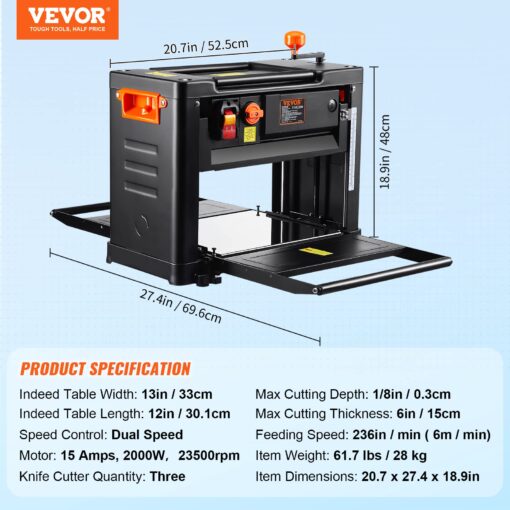 VEVOR Power Benchtop Planers, Three-Blade, Two Speed, 13" Width Worktable Thickness Planer with Extended Infeeding Table, Low Noise for both hard & soft wood material removal - Image 4